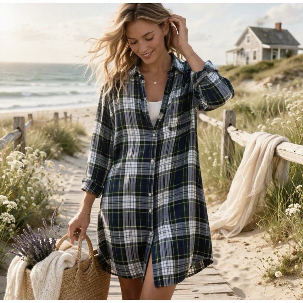 Marine Layer Plaid Long Sleeve Shirt Dress in Navy, White, Green